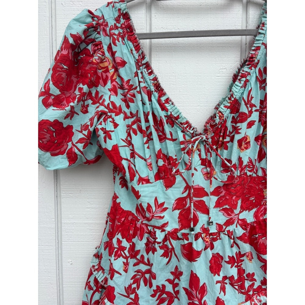 Caroline Constas Red Floral Puff Sleeve Tiered Mini Dress Size L Cotton Boho - Picture 4 of 7